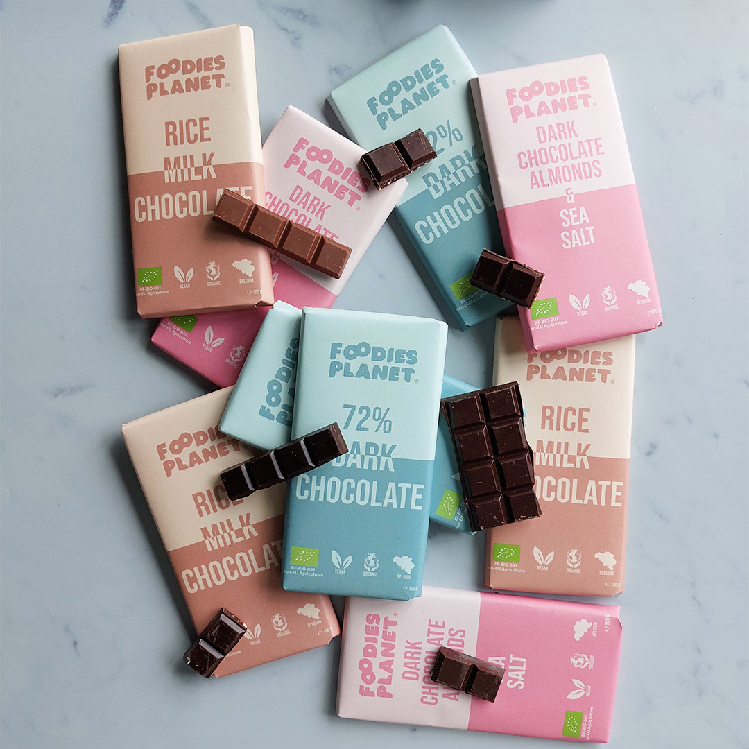 All chocolate bars from FOODIES-PLANET are vegan and organic. 3 Belgian Rice Milk Chocolate bars, 3 Dark Belgian Chocolate bars with Almonds and Sea Salt, 3 72% Dark Belgian Chocolate