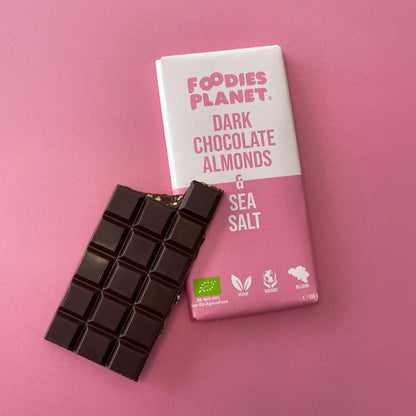 Dark Belgian Chocolate with crunchy almonds and sea salt.