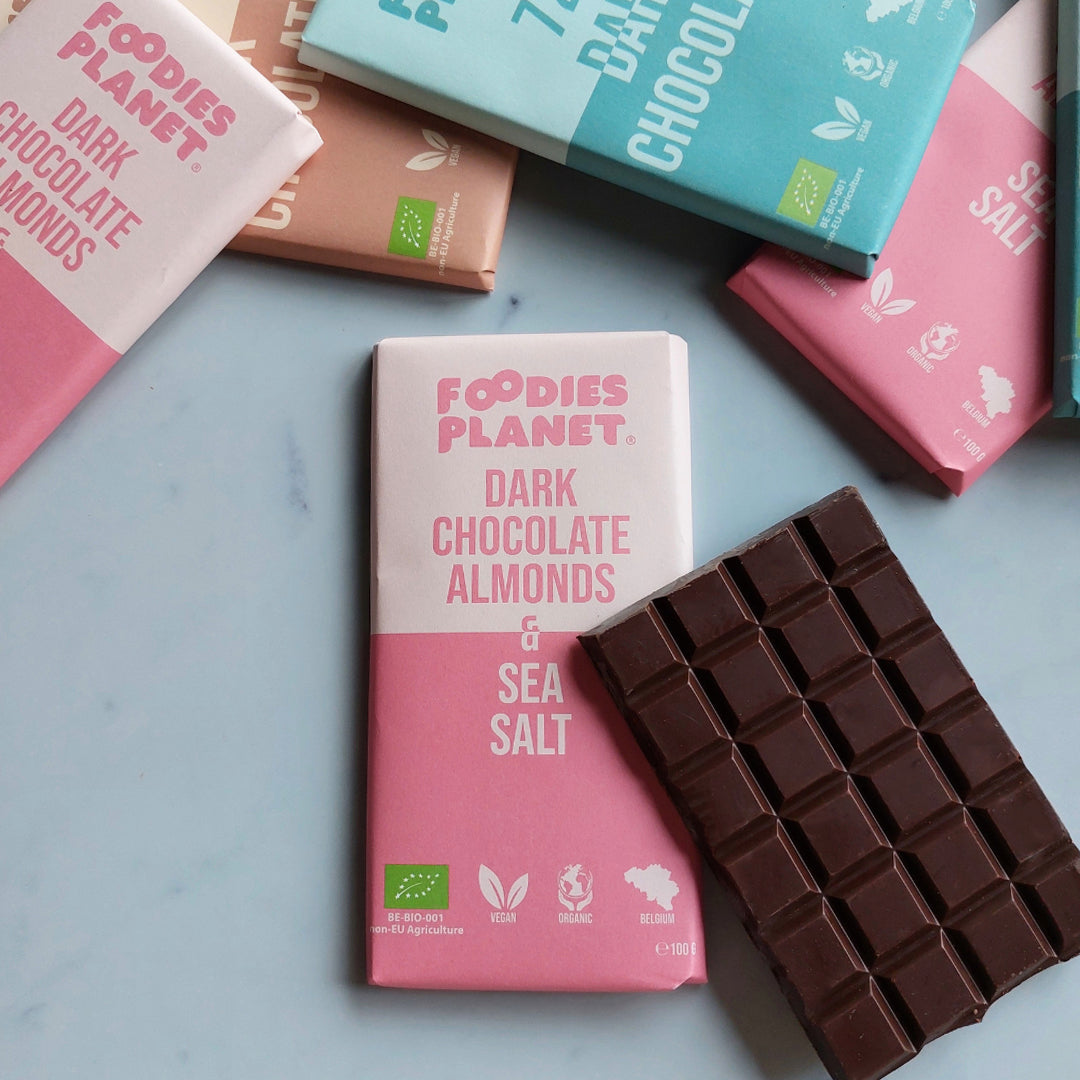 Dark Belgian Chocolate from FOODIES-PLANET with almonds and sea salt.