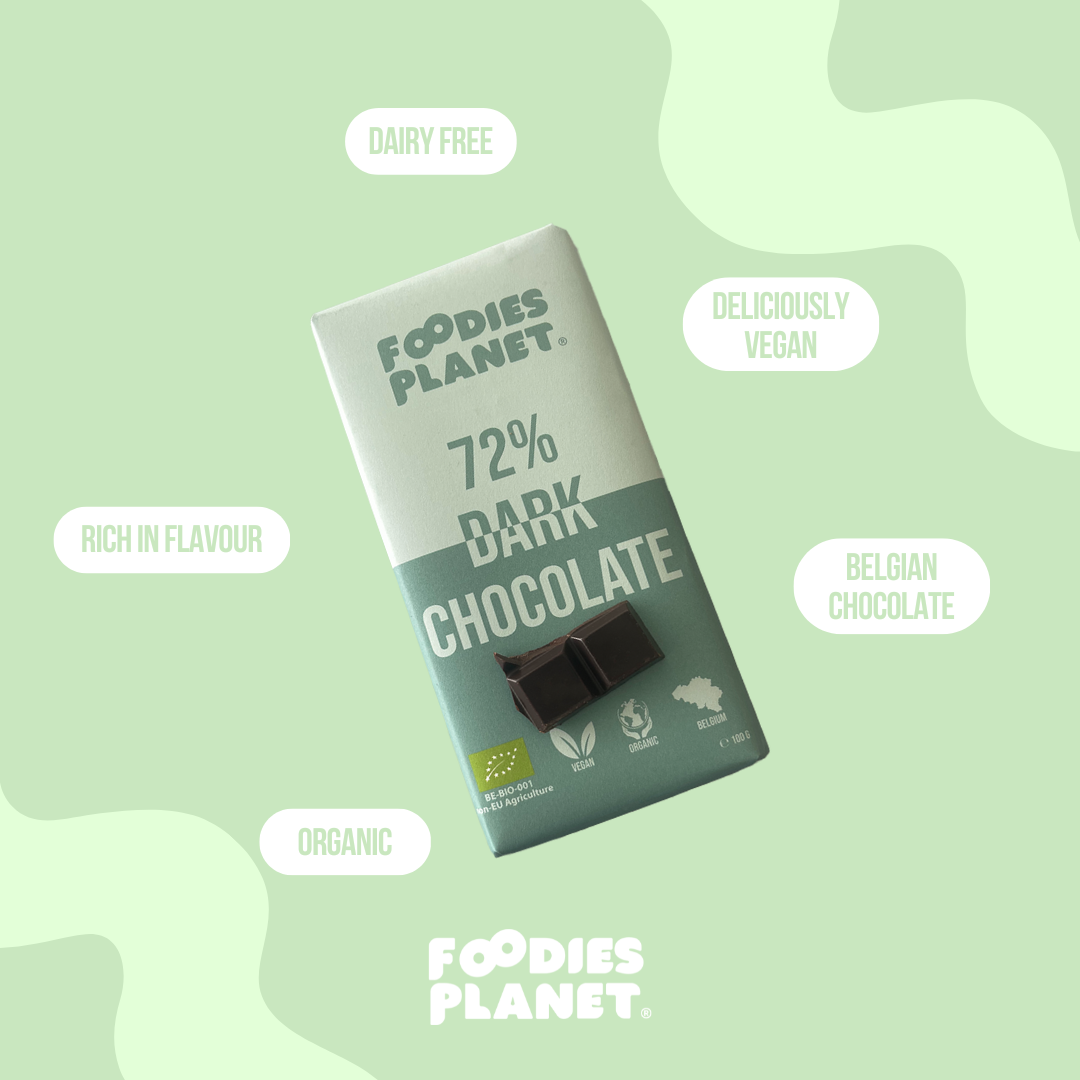 FOODIES-PLANET 72% Dark Belgian Chocolate is vegan, organic, dairy free, glutenfree and rich in flavour!